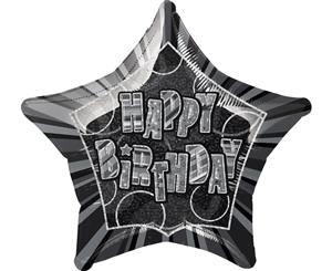 50cm Glitz Black And Silver Happy Birthday Star Foil Balloon Packaged