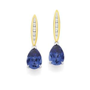 9ct Gold Created Ceylon Sapphire & Diamond Drop Earrings