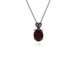 Art Deco Style Oval Garnet & Marcasite Heart Pendant in 925 Sterling Silver