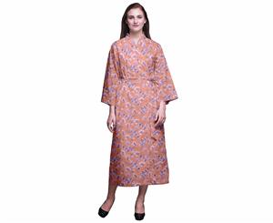 Bimba Floral Leaves & Periwinkle Womens Robe Dressing Gown Long Bride Getting Ready Shirt Printed Bath Robe Girls - Dark Peach Orange