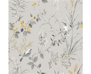 Crown Mariko Bird Floral Wallpaper Grey (M1551)