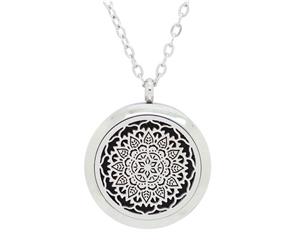 Lotus Flower Mandala Design Aromatherapy Essential Oil Diffuser Necklace - Silver 30mm - Free Chain - Valentine's Day Gift