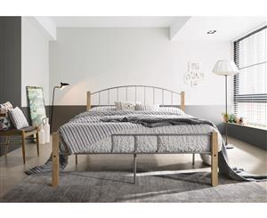 POLO King Metal Bed Frame w/ Solid Rubberwood Pole - Natural + Silver