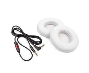 REYTID Replacement Cable and Ear Pad Kit for Beats by Dr. Dre Solo2 Solo 2.0 - White Leather & RemoteTalk - Headphone Lead Cushion EarPads Cord Audio - Black/White