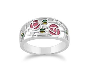 Rennie Mackintosh Round White Topaz Glasgow Rose Band Ring in 925 Sterling Silver