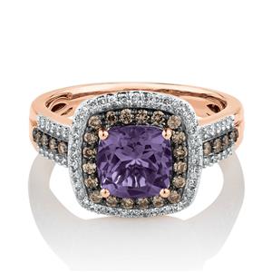 Ring with 0.50 Carat TW of Brown & White Diamonds & Amethyst in 10ct Rose Gold