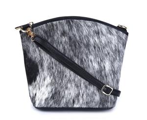 Vera May Genuine Cow Hide Leather Fashion Crossbody Handbag Jaxs Black and White