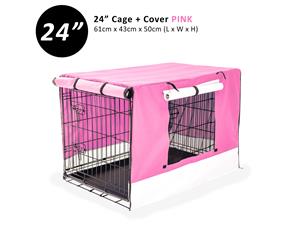 Wire Dog Cage Foldable Crate Kennel 24" with Tray + PINK Cover Combo