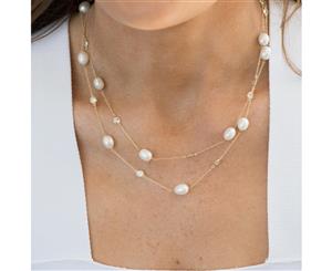 925 Sterling Silver Yellow Gold Plate Pearl And Cubic Necklace