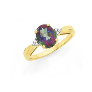 9ct Gold Coated Topaz Mystic Fire & Diamond Dress Ring