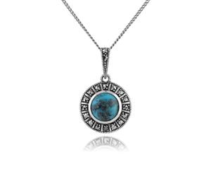 Art Deco Style Round Turquoise Cabochon & Marcasite Pendant in 925 Sterling Silver