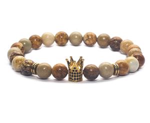 Decked-Up Men's Beads Bracelets - Brown Beads with Golden Studded Crown Charm