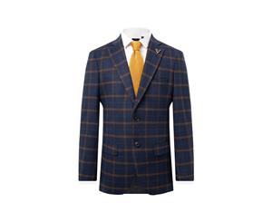 Dobell Mens Navy Tweed Jacket Regular Fit Rust Check