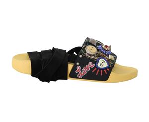 Dolce & Gabbana Black Yellow Crystal Logo Strap Slides