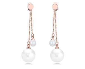 Duo Pearl Dangle Earrings Embellished with Swarovski crystals-Rose Gold/Pearl White