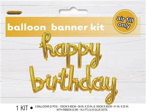 Happy Birthday Gold Balloon Banner With Ribbon