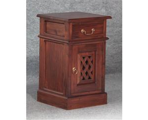 Mahogany Bedside Table with Carved Door & 1 Drawer