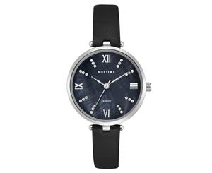 Mestige Women's 34mm Grace Leather Watch w/ Swarovski Crystals - Black/Silver