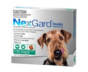 NexGard Flea & Tick Tablets for Dogs 10.1-25kg - 3 Pack (Green) Chewable Tablets