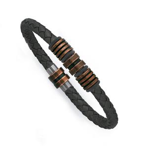 Steel Oxidised Rose Plate Black Leather Bracelet