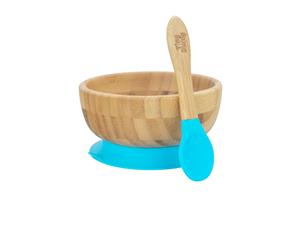Tiny Dining Children's Bamboo Cereal / Dessert Bowl with Stay Put Suction & Soft Tip Spoon - Blue