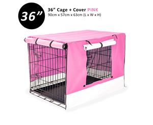 Wire Dog Cage Foldable Crate Kennel 36" with Tray + PINK Cover Combo