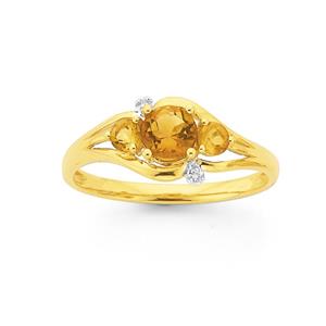 9ct Gold Citrine & Diamond Round Trilogy Ring