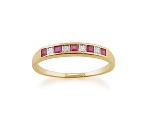 Classic Square Ruby & Diamond Half Eternity Ring in 9ct Yellow Gold