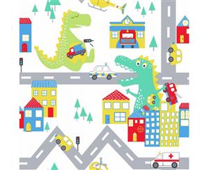 Over the Rainbow Dino Road Wallpaper White/Multi (90910)