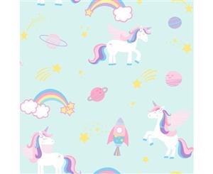 Over the Rainbow Unicorns Rockets and Rainbows Wallpaper Teal (90962)