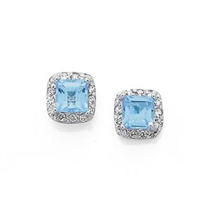 Silver Square Blue Topaz & CZ Cluster Earrings