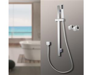 Square Chrome Wall Mounted Sliding Rail with handheld shower and shower taps Watermark & WELS