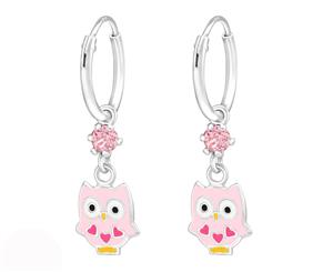 Sterling Silver Kids pink Owl hoop earringmade with Swarovski Crystal