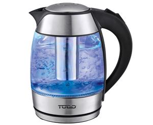 TODO 1.8L Glass Cordless Kettle 2200W Blue Led Light Kitchen Water Jug Black 360