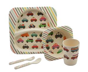 Tiny Dining Children's 5 Piece Bamboo Dinner set. Kids Plate Bowl Cup Fork & Spoon - Cars Design