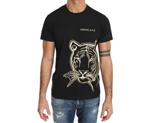 Versace Jeans Black Cotton Gold Tiger Motive Crewneck T-Shirt