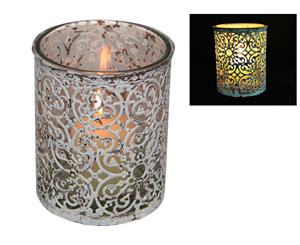 1pce 13cm Filigree Candle Holder with Glass Insert Rustic Style - White