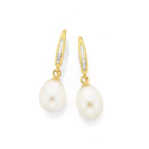 9ct Gold Cultured Fresh Water Pearl & Diamond Drop Earrings