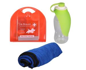 AB Tools Pet Dog Car Travel Kit/Road Trip - 24pc First Aid Kit Towel & Portable Leaf Bottle