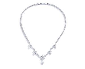 Adele Floral Statement Necklace with Cubic Zirconia - Rhodium Plated