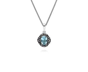 Art Deco Style Oval Blue Topaz & Marcasite Halo Pendant in 925 Sterling Silver