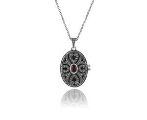 Art Nouveau Style Oval Garnet & Marcasite Locket Pendant in 925 Sterling Silver