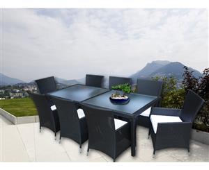 Black Millana 8 Seater Wicker Outdoor Dining Setting With Grey Cushion Cover