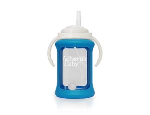 Cherub Baby - Wide Neck Glass Straw Cup with Colour Change Sleeve 240ml  Blue