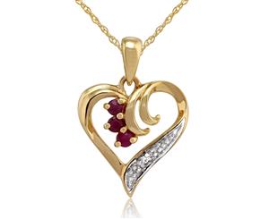 Classic Round Ruby & Diamond Heart Pendant in 9ct Yellow Gold