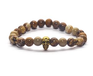 Decked-Up Men's Beads Bracelets - Brown Beads with Rustic Golden Skull Charm