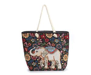 Embroidered Animal Canvas Tote Bag Handbag- Black