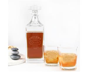 Engraved 3-piece Deluxe Square Whiskey Decanter and 2 Scotch Glass Gift Set - Jolly Juice Premium Spirits Text