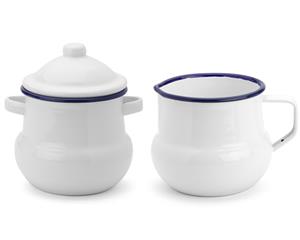 Falcon Enamel Sugar Pot & Creamer Set - White with Blue Rim