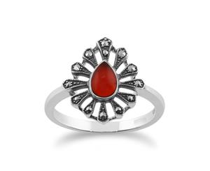 Gemondo 925 Sterling Silver 0.30ct Carnelian & Marcasite Art Deco Ring